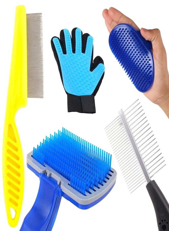 مجموعة أدوات العناية بالحيوانات الأليفة مع فرشاة تنظيف ذاتية، ومشط معدني، وأداة إزالة الشعر الزائد باللون الأزرق، وفرشاة على شكل قفاز للكلاب، مجموعة من 5 قطع - Image 1